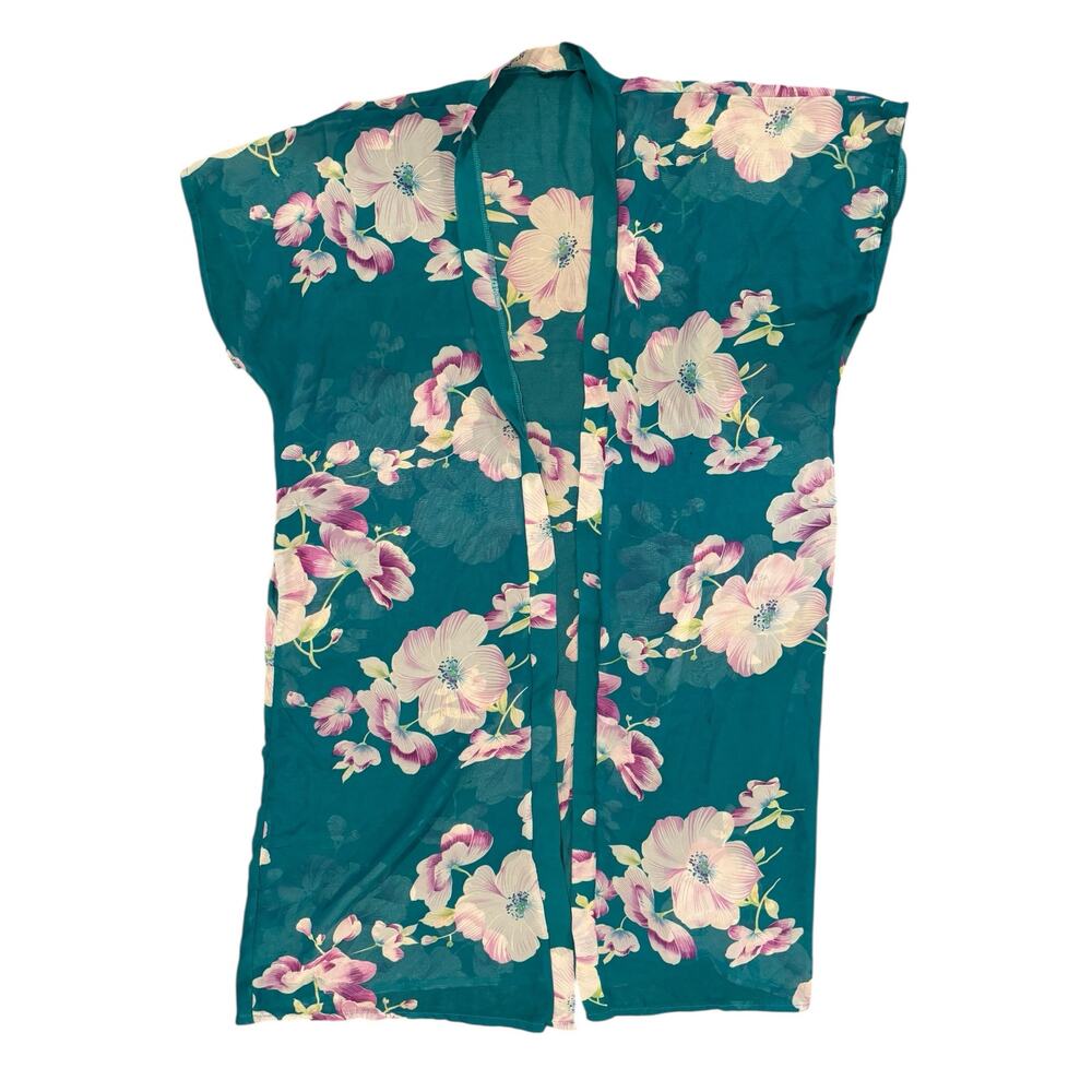 Women’s One Size Sheer Floral Kimono Cardigan Cover Up Teal Floral Lightweight - Picture 3 of 6